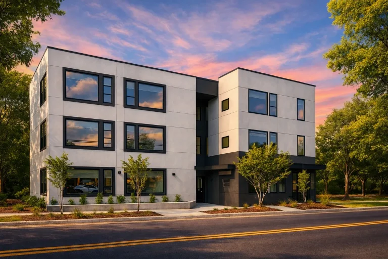 Front elevation of a contemporary urban apartment building with smooth stucco exterior, flat rooflines, and large rectangular windows