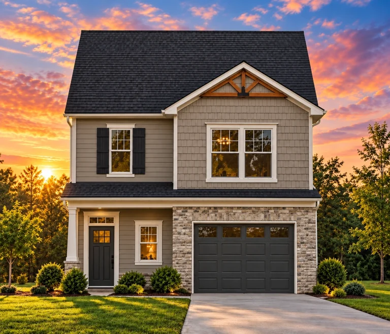 House Plans with Walk-In Pantry 1 Front view of a New American Modern Traditional two-story house with mixed siding, board and batten accents, stone veneer, and a one-car garage