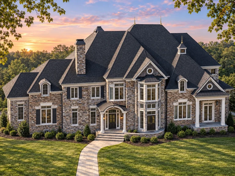 House Plans with Bedrooms on Upper Floor 16 Front elevation of a Georgian Neo-Georgian style luxury home with brick exterior, stone detailing, tall central windows, and symmetrical classical architecture