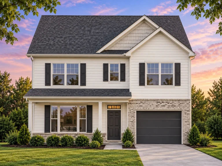 House Plans with Outdoor Kitchen 9 Front view of a Traditional Colonial style home featuring a balanced facade, horizontal siding with stone accents, black shutters, and a single-car garage.