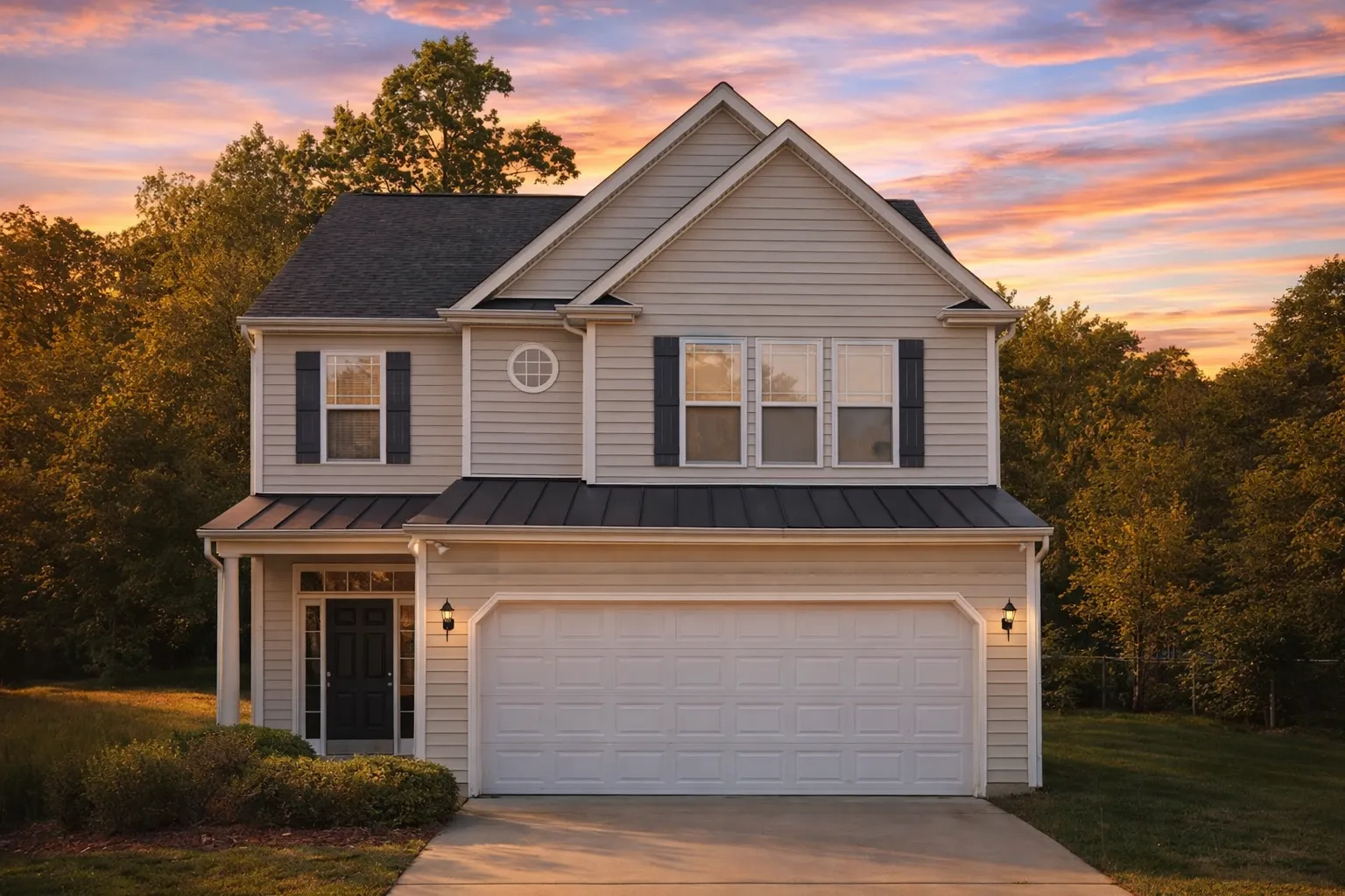 Front elevation of a New American modern traditional home with horizontal siding, black shutters, and attached two-car garage