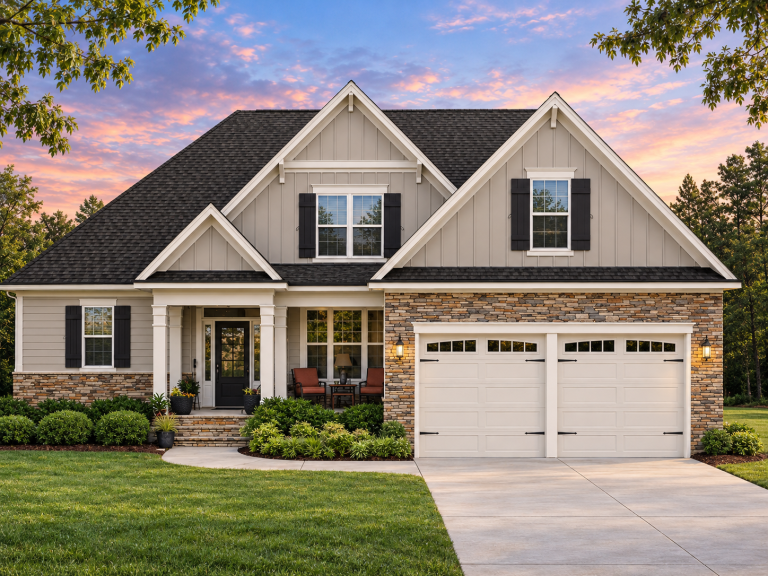 Townhome Floor Plans 8 Front elevation of a New American modern traditional house with horizontal siding, board and batten gables, covered porch, and double garage