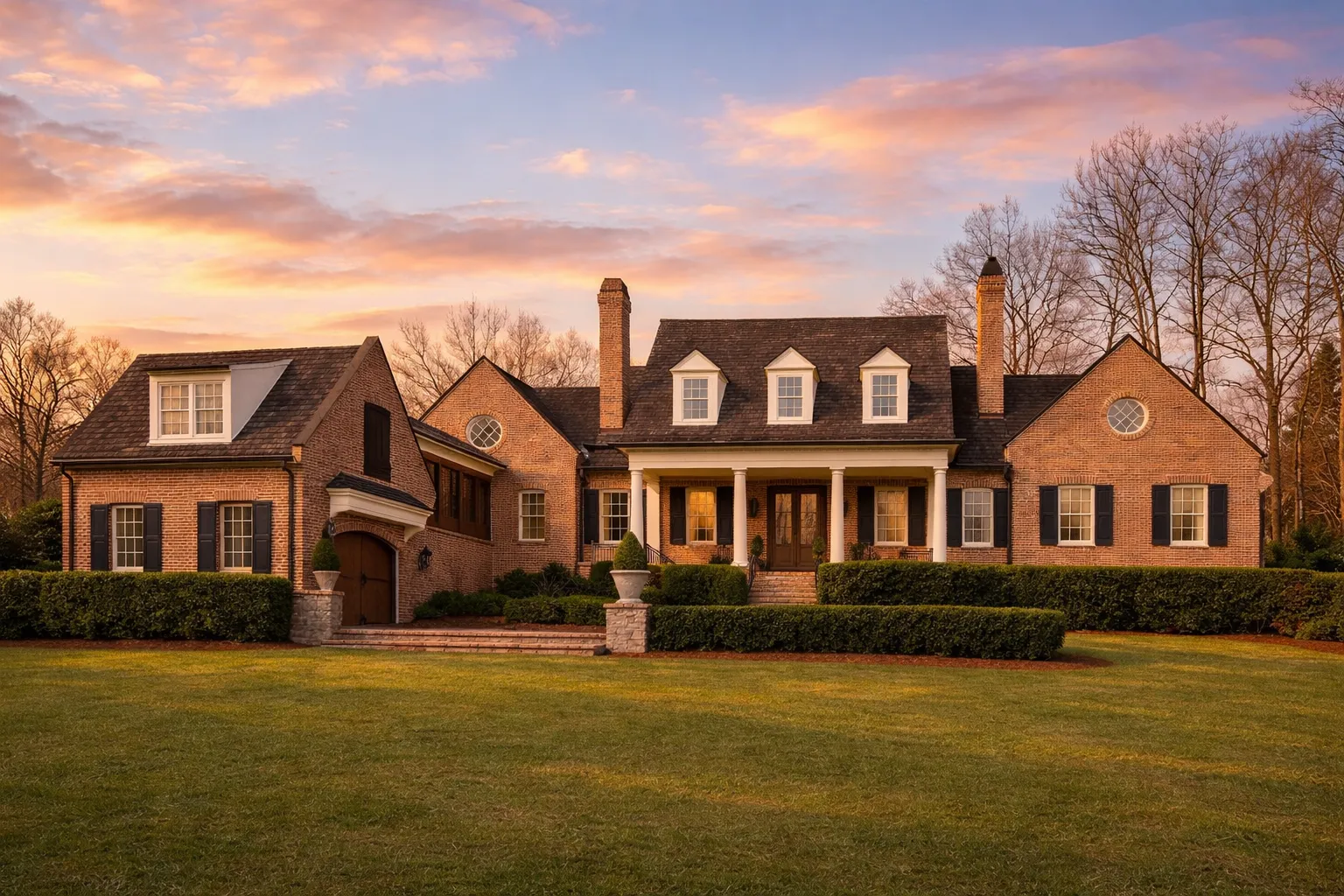 Front exterior of a Georgian Colonial style brick home with symmetrical windows, central entry porch, dormers, and manicured lawn