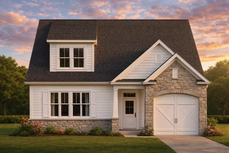 House Plans 2 Front elevation of a Traditional Suburban Craftsman style home featuring stone veneer, horizontal siding, gabled rooflines, and a welcoming entry