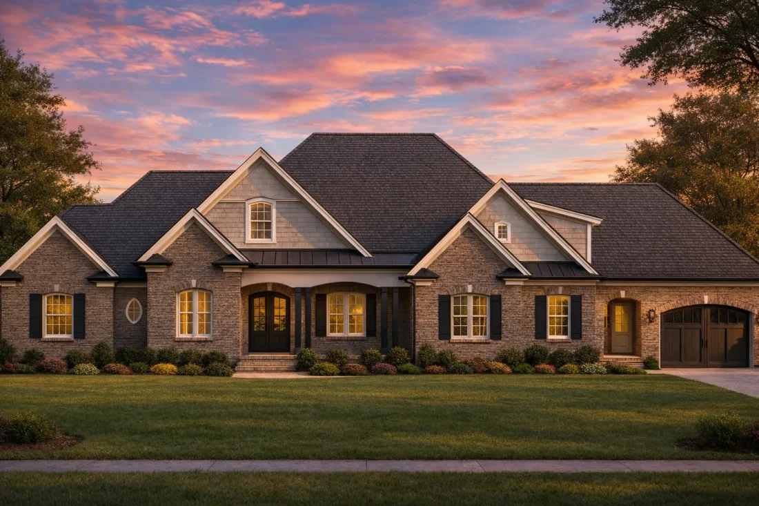 Front elevation of a Traditional Ranch style home with brick exterior, gabled rooflines, shutters, and refined New American detailing