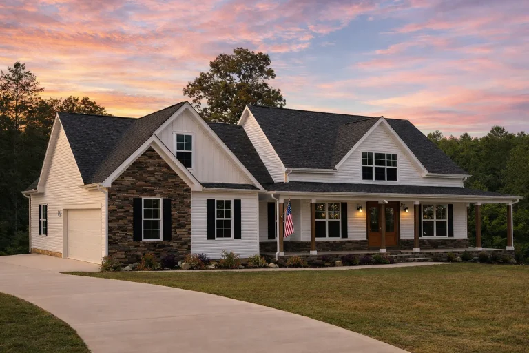 Front view of a Modern Farmhouse and Craftsman style home featuring stone accents, board and batten siding, and dark trim windows under a steep gable roof.