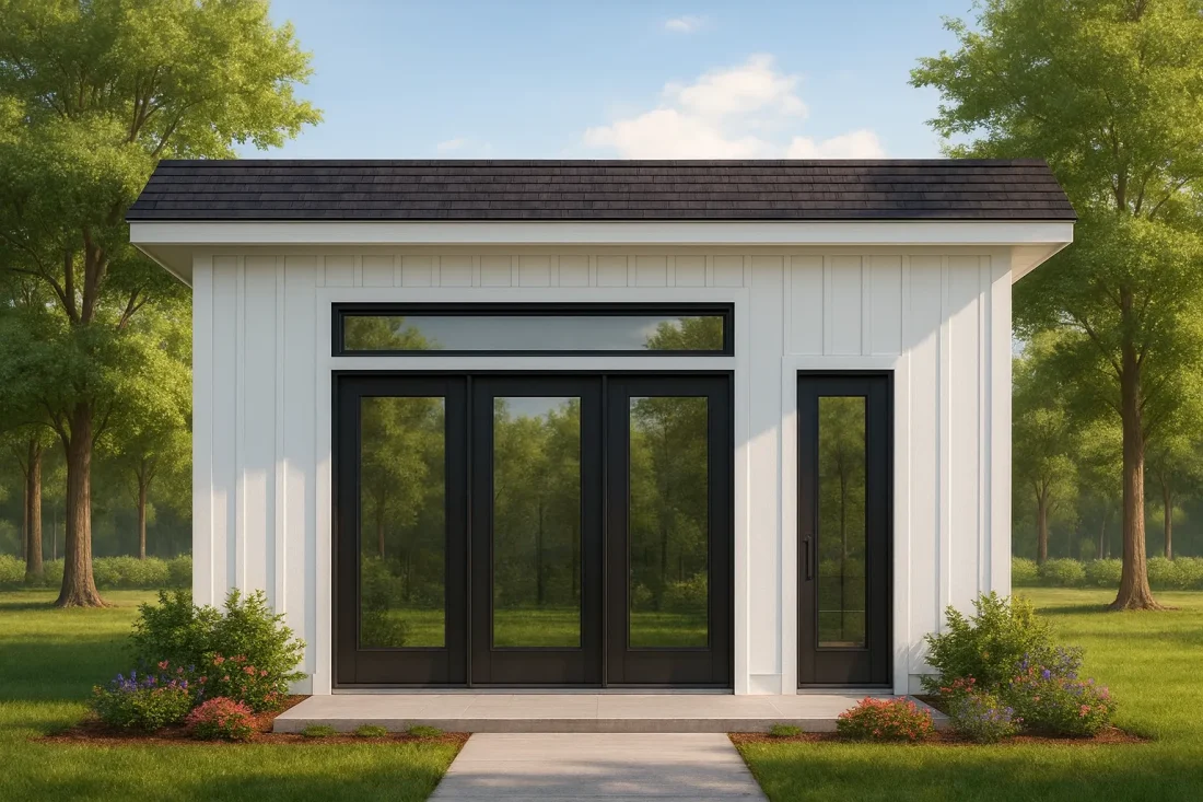 Front elevation of a modern ADU studio featuring contemporary horizontal siding, full-height glass doors, and minimalist roofline set in landscaped surroundings