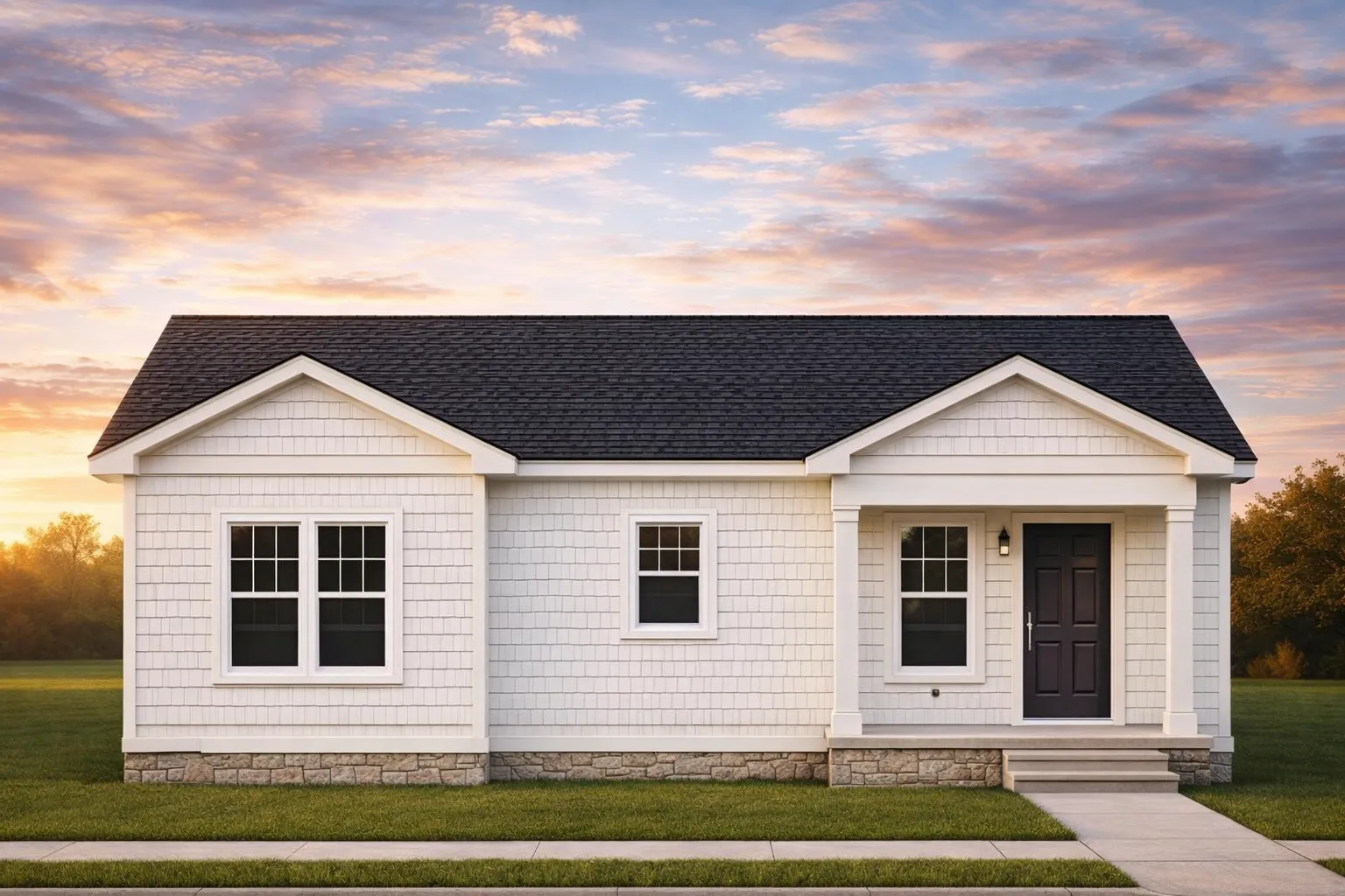 Front elevation of a Traditional Ranch style home with stone veneer, vinyl siding, symmetrical windows, and simple suburban detailing