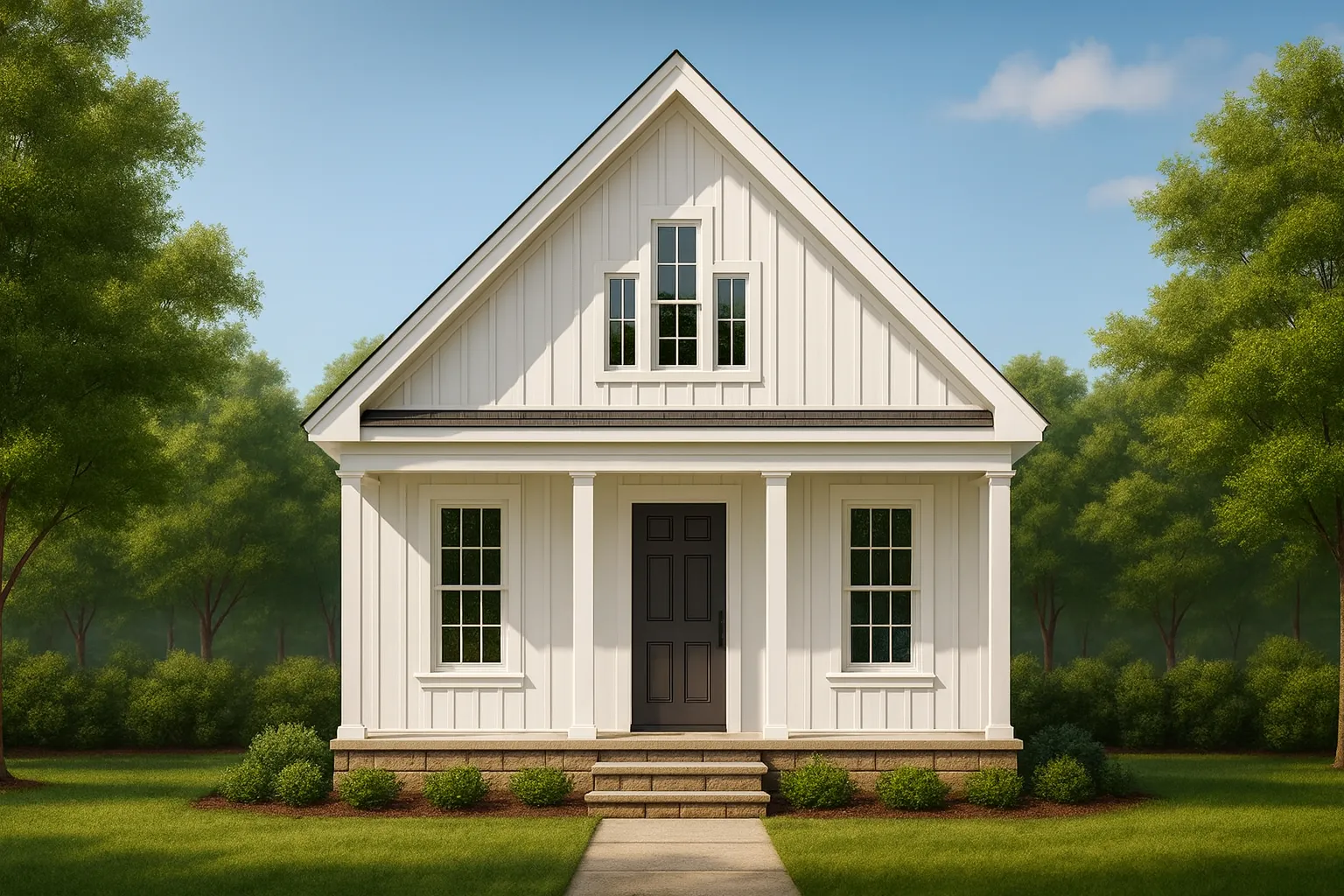 Colonial House Plans 7 Front elevation of a Modern Farmhouse American Cottage home featuring board and batten siding, steep gable roof, and centered entry