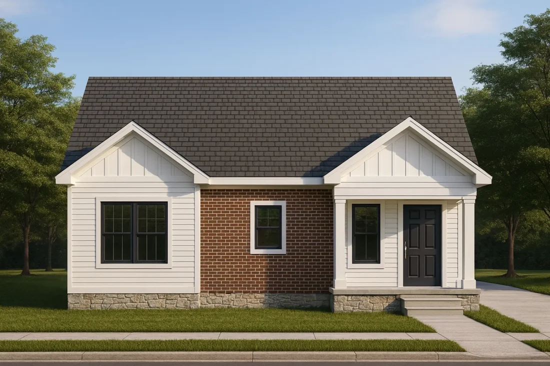 Front elevation of a Traditional Ranch style home with stone veneer, vinyl siding, symmetrical windows, and simple suburban detailing