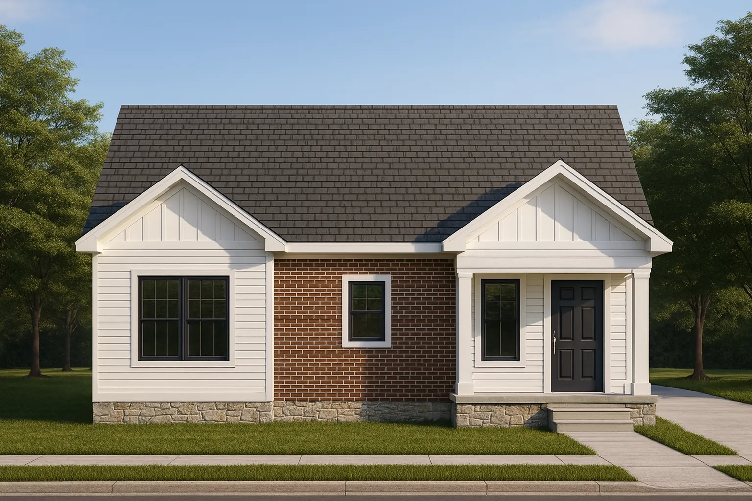 Front elevation of a Traditional Ranch style home with stone veneer, vinyl siding, symmetrical windows, and simple suburban detailing