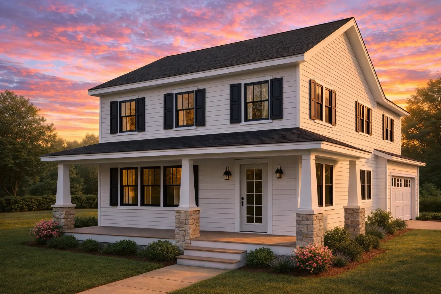 Front view of a Traditional Colonial home featuring horizontal siding, stone porch columns, and a welcoming wraparound porch
