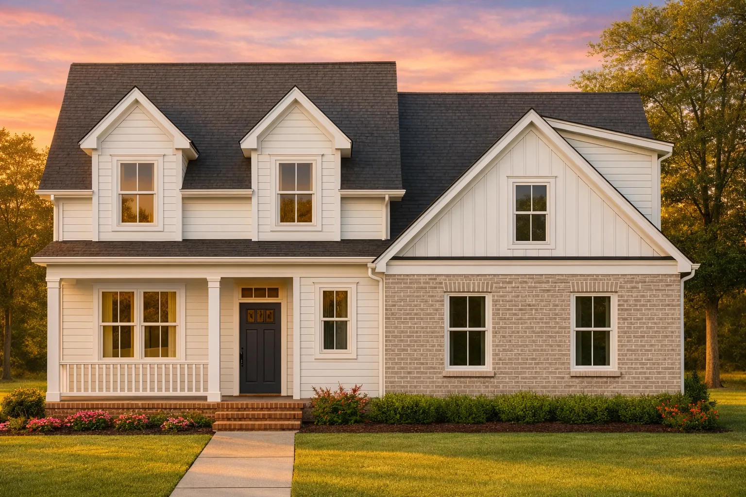 Front elevation of a New American modern traditional house with brick veneer, board and batten gable, lap siding, and covered front porch