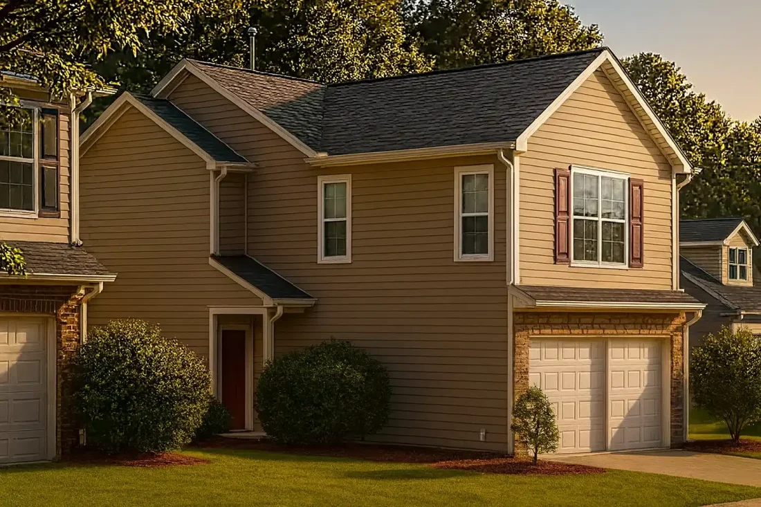 Front view of a Traditional Suburban two-story house featuring horizontal siding, double garage, and simple clean architectural lines.