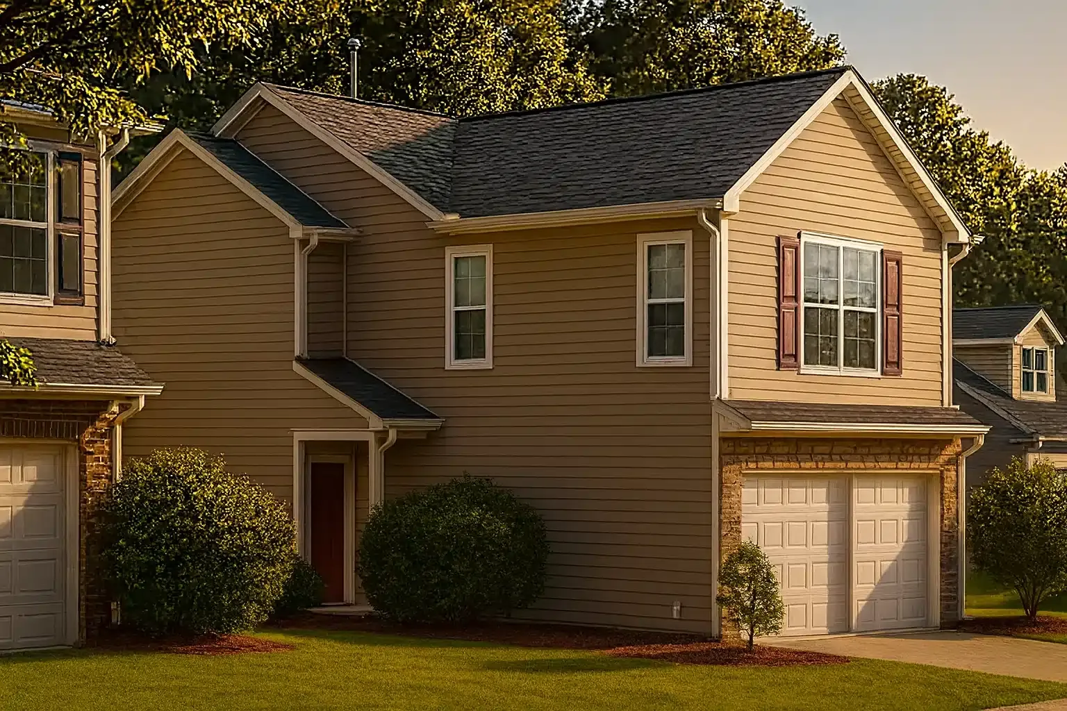 Front view of a Traditional Suburban two-story house featuring horizontal siding, double garage, and simple clean architectural lines.