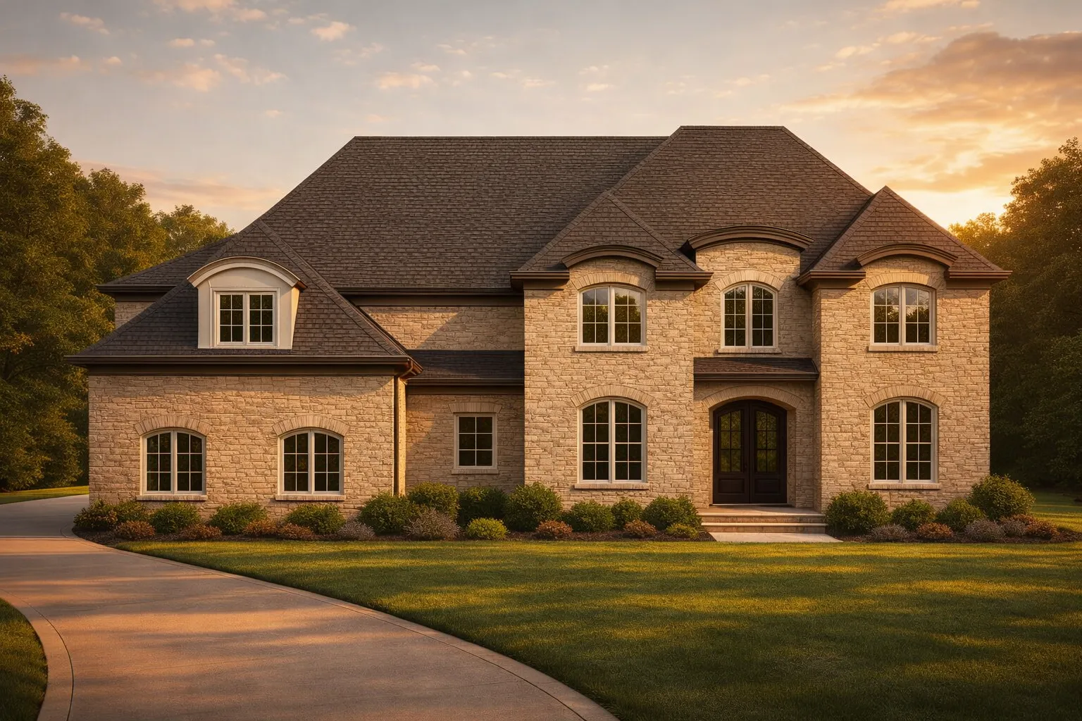 Mediterranean House Plans 7 Front elevation of a Georgian Revival style home featuring a red brick exterior, symmetrical windows, hipped roof, and formal arched entry