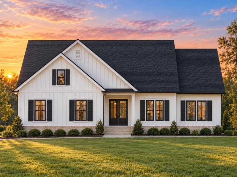 Front view of a Traditional Ranch style home featuring a mix of horizontal siding and board-and-batten gable accents with a welcoming front porch entry.