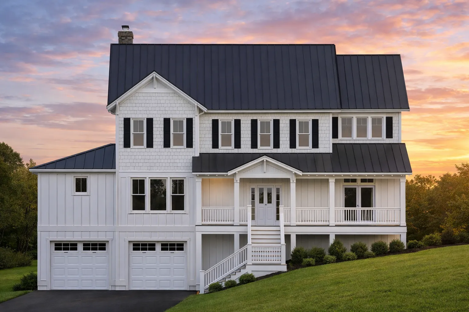 Front elevation of a New American modern traditional home with brick and siding exterior, metal roof, covered porch, and symmetrical colonial-inspired design