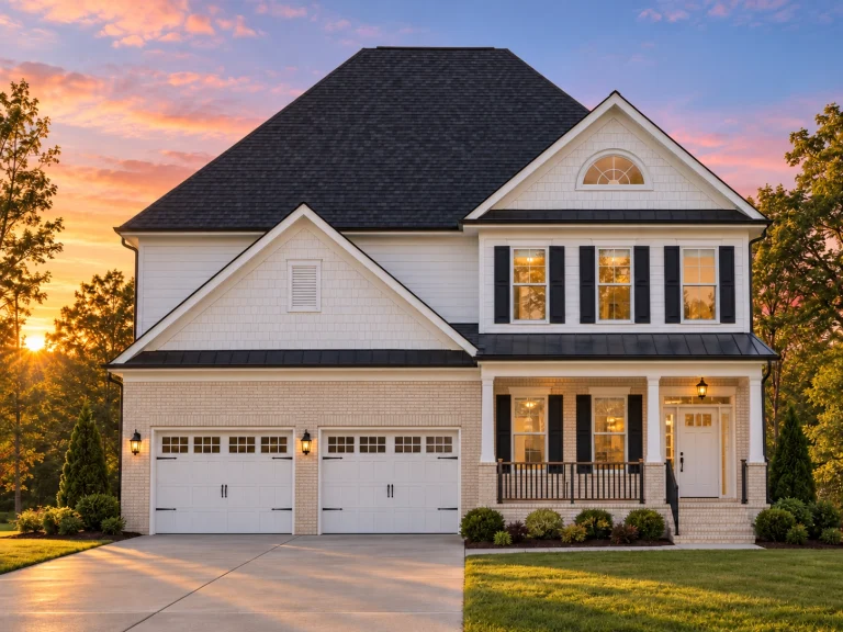 Front elevation of a Traditional New American style house featuring horizontal lap siding, stone accents, and a welcoming covered porch entry