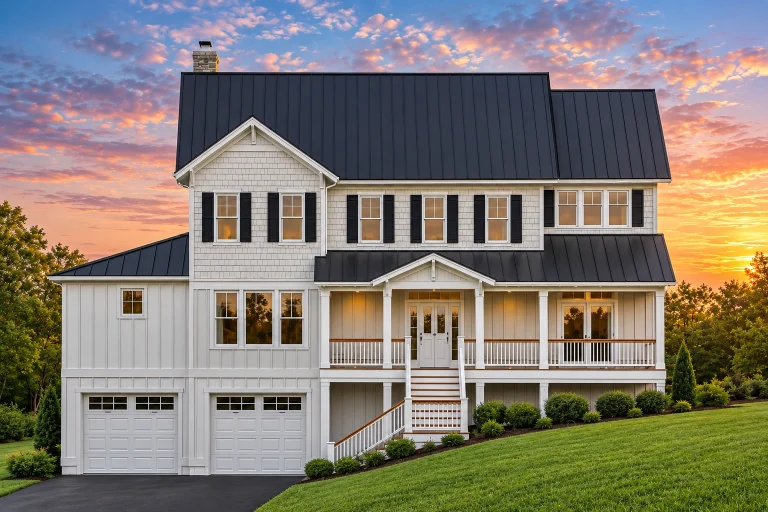 Front elevation of a New American modern traditional home with brick and siding exterior, metal roof, covered porch, and symmetrical colonial-inspired design