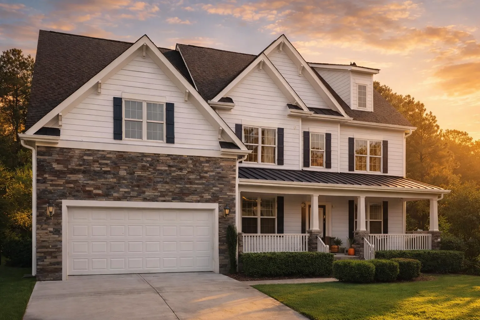 Front elevation of a New American style two-story home with horizontal siding, shingle accents, stone base, and attached two-car garage