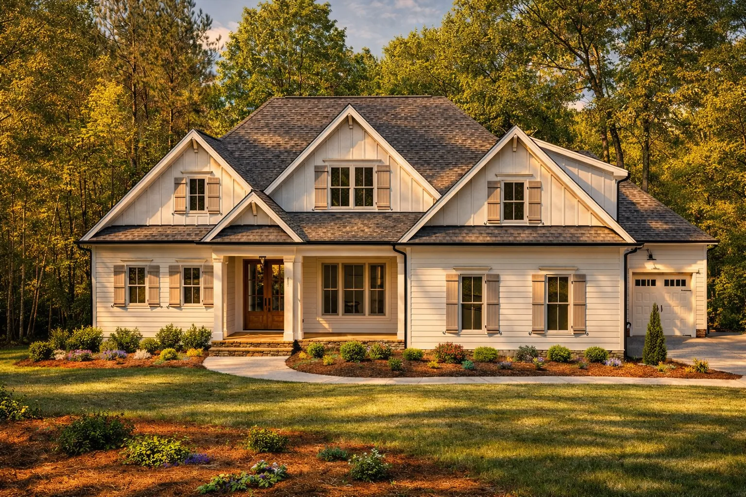 Front elevation of a Modern Farmhouse style home with horizontal lap siding, stone accents, gabled rooflines, shutters, and a covered front porch