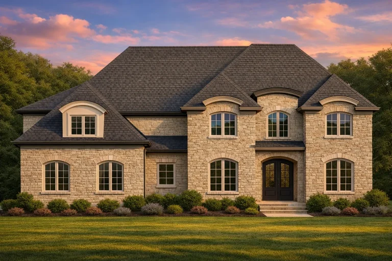 Front elevation of French Country style brick home with arched windows, steep hip roof, and symmetrical two-story design