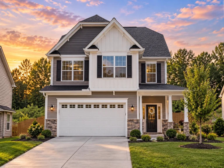 Front elevation of a modern farmhouse style two-story home with white board and batten siding, stone accents, and a covered front porch
