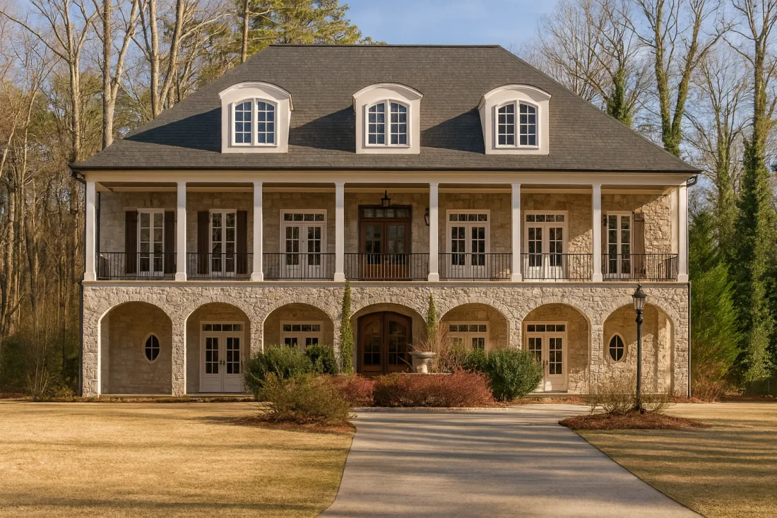 Front elevation of a French Provincial style home featuring a full stone exterior, symmetrical design, arched lower porch, and classic Southern architectural detailing