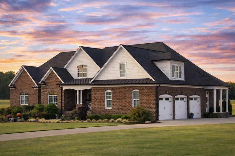 Front elevation of Traditional Colonial style home with brick exterior, gabled rooflines, white columns, and three-car garage