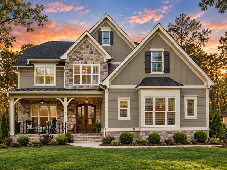 Front exterior of a New American Modern Traditional house featuring board and batten siding, stone accents, metal roof details, and a covered front porch