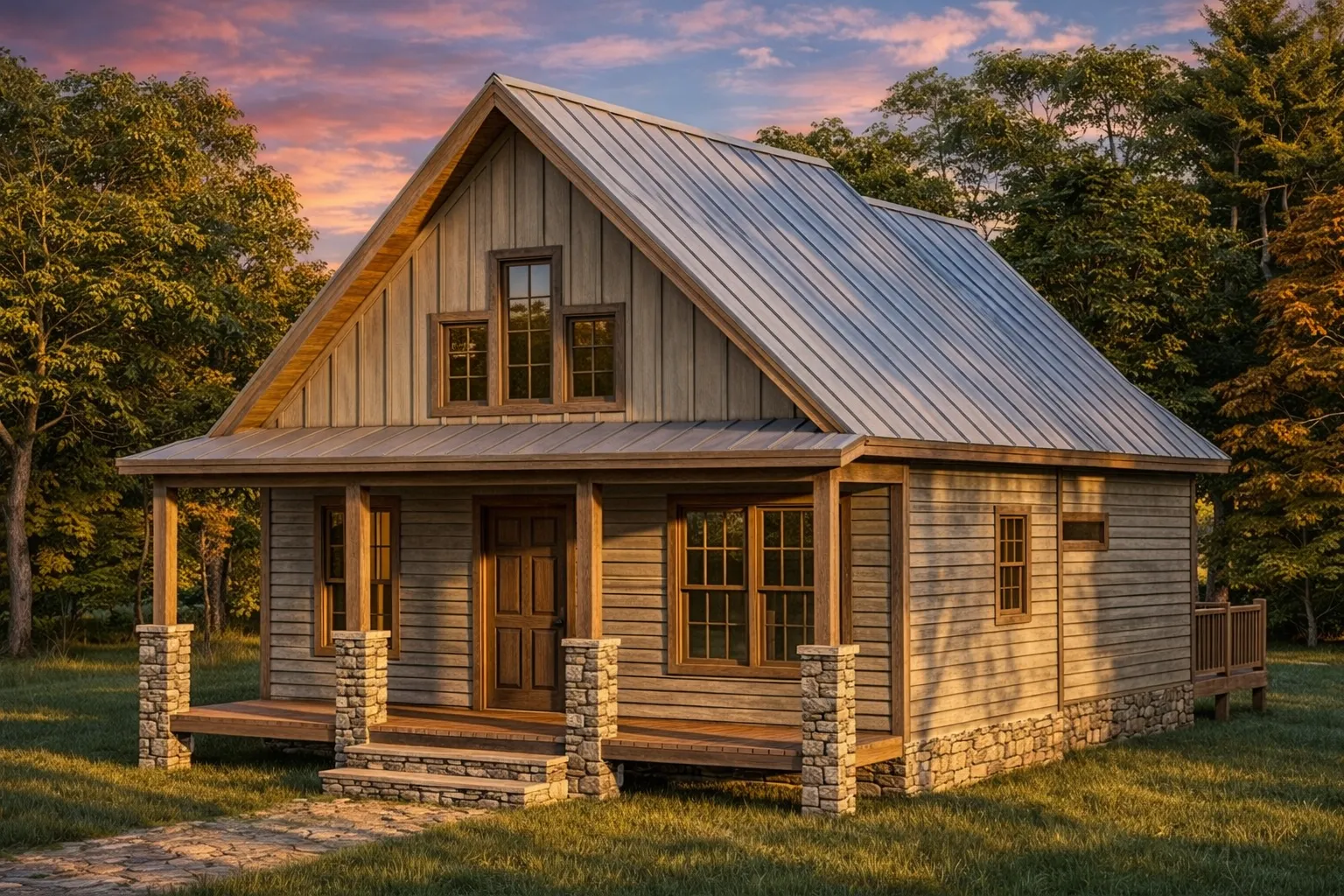 Front elevation of a Modern Farmhouse American Cottage home featuring board and batten siding, steep gable roof, and centered entry