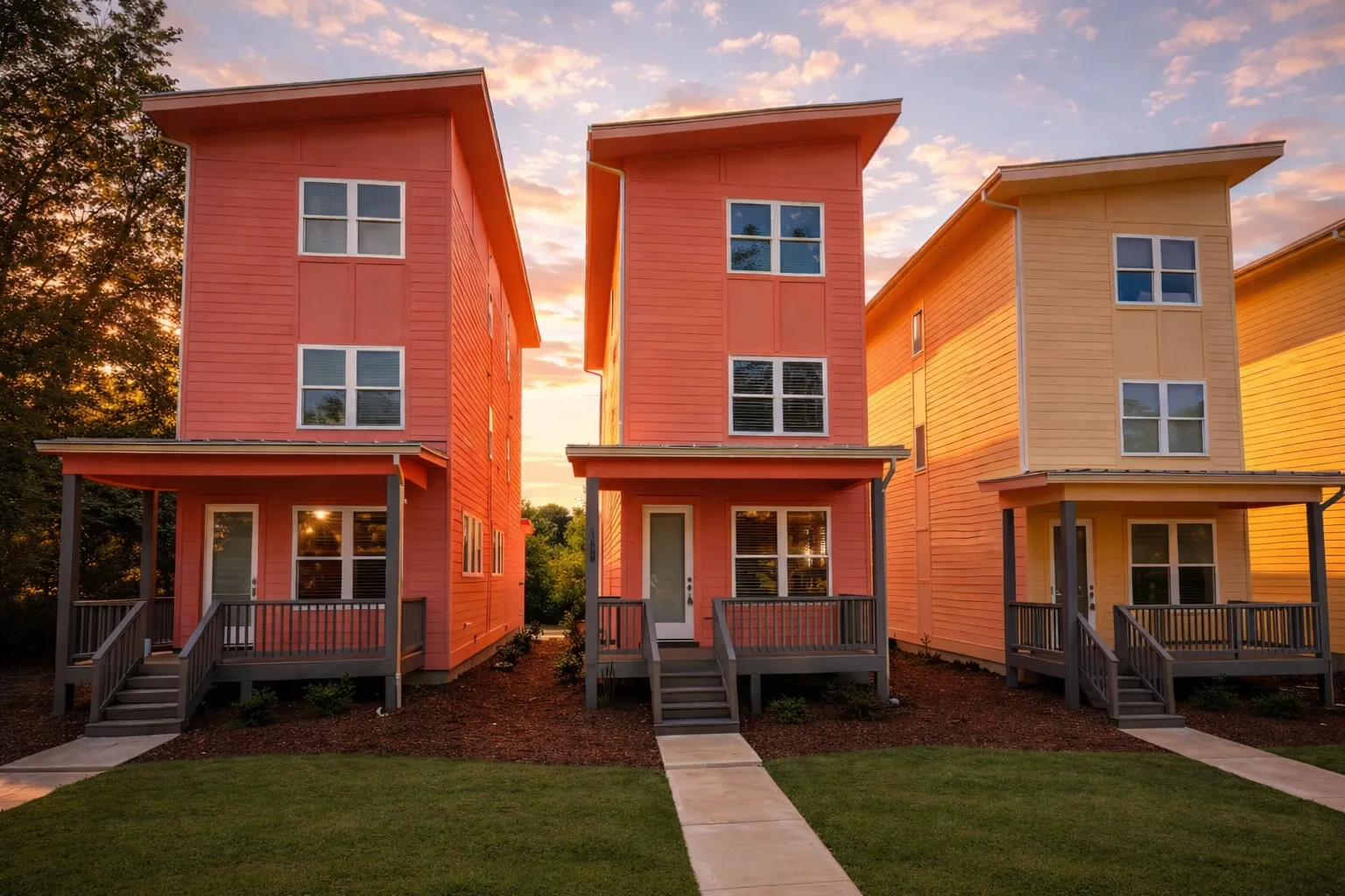 Front elevation of modern urban contemporary narrow lot homes with vertical massing, colorful siding, and covered porches
