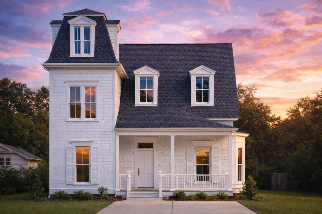 Front view of a Colonial Traditional home with symmetrical design, wood siding exterior, and gabled dormers surrounded by trees