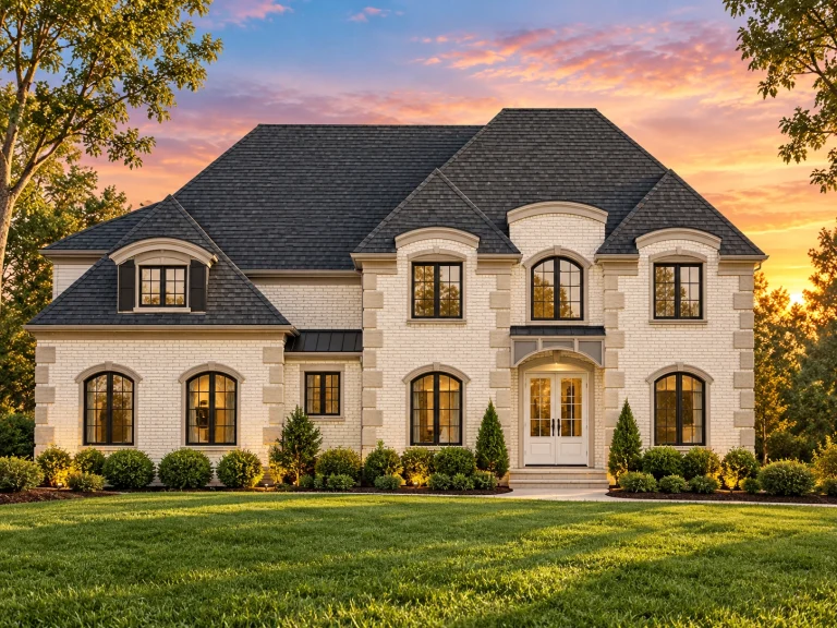 House Plans with Spacious Laundry Room 14 Front elevation of French Country style brick home with arched windows, steep hip roof, and symmetrical two-story design