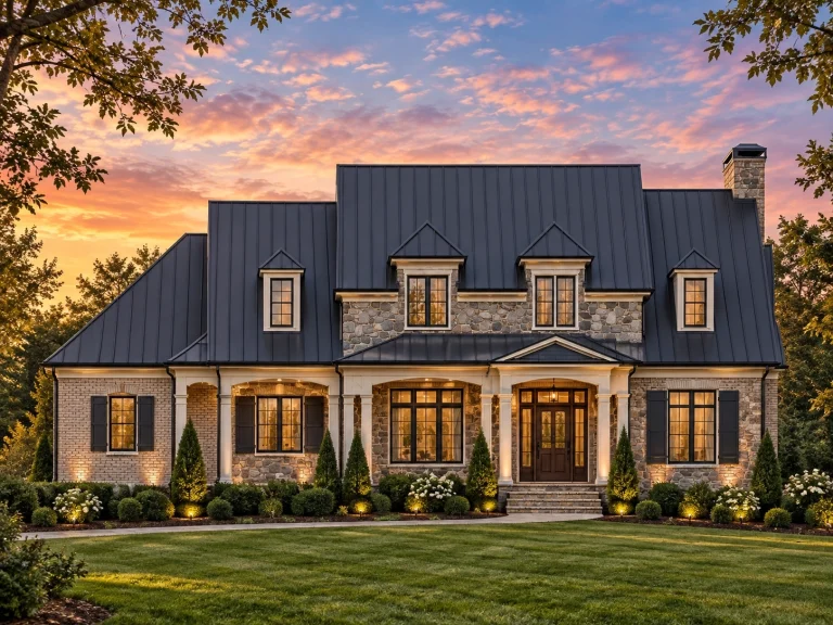 Front elevation of New American Colonial Revival house featuring stone accents, horizontal siding, dormer windows, and a standing seam metal roof