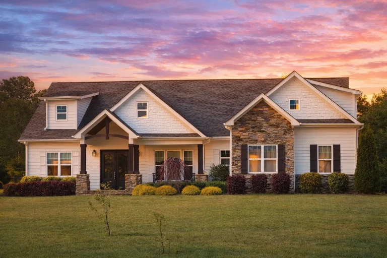 Front elevation of a Ranch Craftsman style home featuring stone accents, horizontal siding, board-and-batten details, and a wide front porch