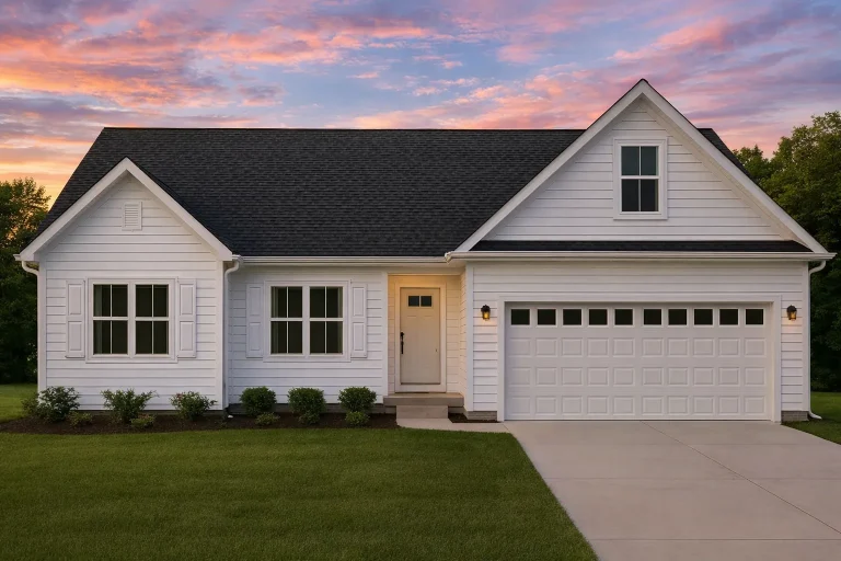 Front view of a Traditional Ranch style home featuring blue horizontal siding, white trim, and a gable roof with an attached two-car garage