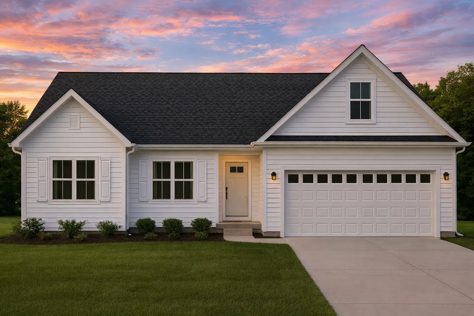 Condo Floor Plans 9 Front view of a Traditional Ranch style home featuring blue horizontal siding, white trim, and a gable roof with an attached two-car garage