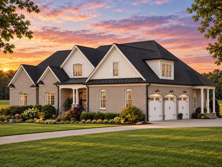 House Plans with Spacious Laundry Room 23 Front elevation of Traditional Colonial style home with brick exterior, gabled rooflines, white columns, and three-car garage
