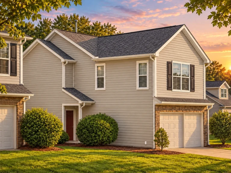Front view of a Traditional Suburban two-story house featuring horizontal siding, double garage, and simple clean architectural lines.