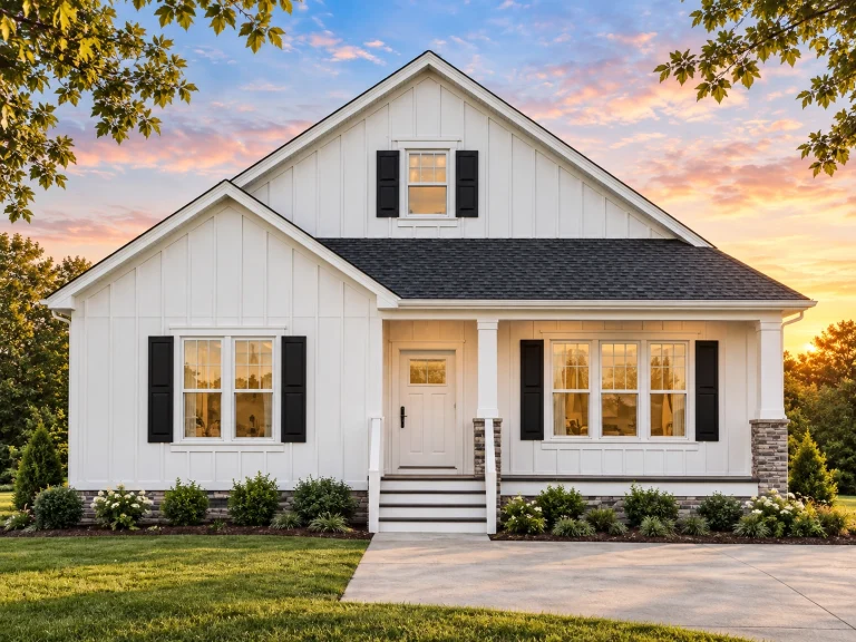 Front view of a Modern Farmhouse Cottage home featuring board and batten siding, brick accents, and a simple gabled roofline
