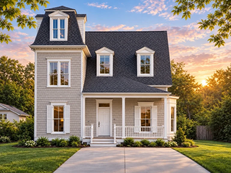 Top Designer-Approved House Plans 8 Front view of a Colonial Traditional home with symmetrical design, wood siding exterior, and gabled dormers surrounded by trees