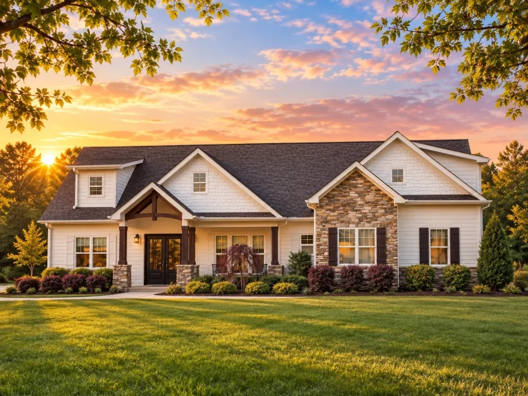 Front elevation of a Ranch Craftsman style home featuring stone accents, horizontal siding, board-and-batten details, and a wide front porch