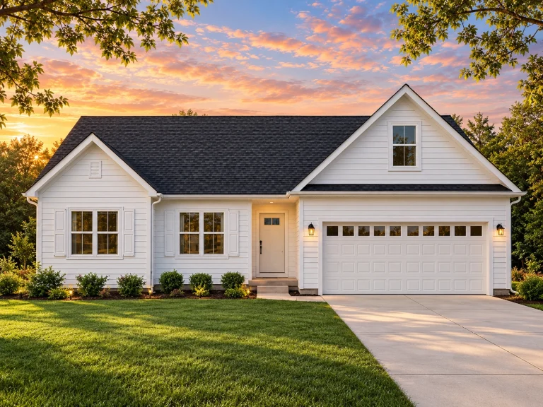 Front view of a Traditional Ranch style home featuring blue horizontal siding, white trim, and a gable roof with an attached two-car garage