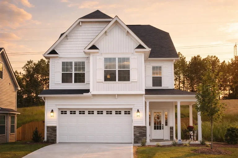 Front elevation of a modern farmhouse style two-story home with white board and batten siding, stone accents, and a covered front porch