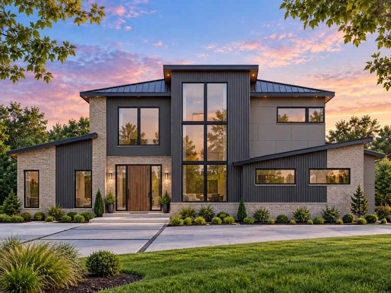 Front elevation of a modern farmhouse style home with green board and batten siding, vertical windows, and clean contemporary lines