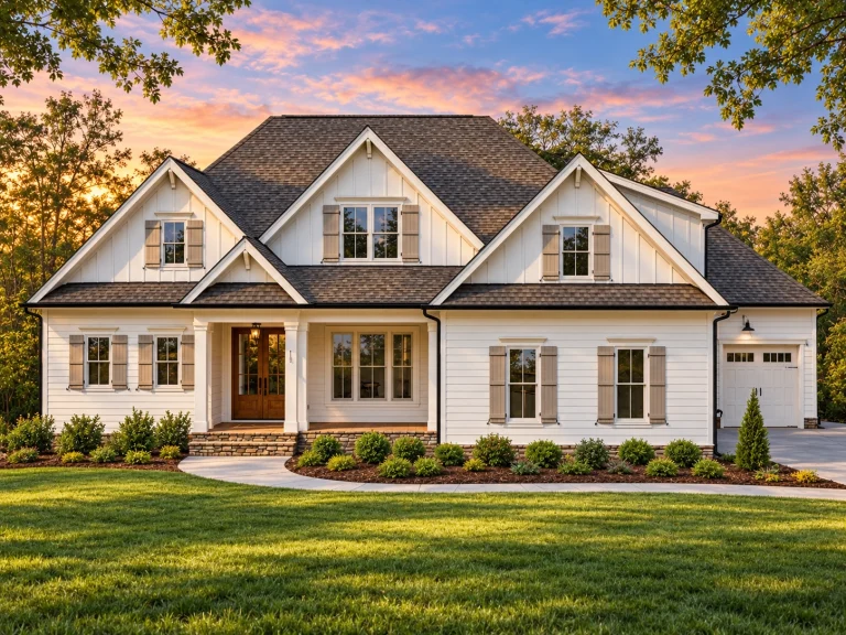 Front elevation of a Modern Farmhouse style home with horizontal lap siding, stone accents, gabled rooflines, shutters, and a covered front porch