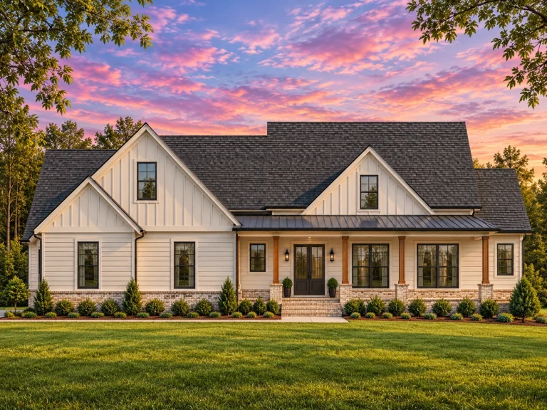 Front elevation of a Modern Farmhouse featuring board and batten siding, gable roofs, covered front porch, and warm inviting curb appeal surrounded by lush landscaping
