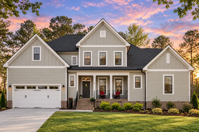 Mid-Size House Plans 21 Front elevation of a Traditional Colonial style home featuring horizontal and shingle siding with stone accents and a welcoming covered porch
